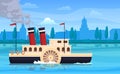 Retro steamboat floating on sea river water at antique city silhouette vector flat illustration Royalty Free Stock Photo