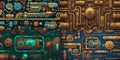 Retro steampunk robotic patterns. Mechanized industrial archaic backgrounds