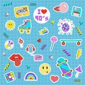 Retro sticker pack I love 90s with different old fashioned elements, doodle style flat vector