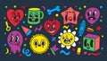 Retro stickers. Fun cartoon icons. Funny collage. Happy and angry love hearts. Doodle comic shapes. Emotion expressions