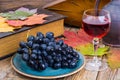 Retro still life with red wine, book, watch and grape