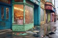 retro storefronts with peeling paint and shattered glass
