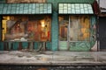 retro storefronts with peeling paint and shattered glass