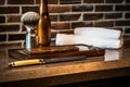 retro straight razor and shaving brush on countertop