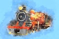 Retro Stream Locomotive Train Railway Engine Painting Royalty Free Stock Photo