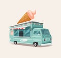 Retro street food van. Vintage ice cream truck. Cartoon vector illustration. Royalty Free Stock Photo