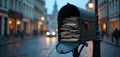 Retro street mailbox overflows with stack of envelopes waiting for pickup. Classic metal postbox on city street with blurred Royalty Free Stock Photo