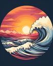 Retro Striped Sunset Ocean Waves T-Shirt Design Royalty Free Stock Photo