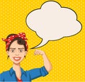 Retro strong woman talking with speech bubbles.