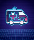 Retro style Ambulance and emergency car icon isolated futuristic landscape background. Ambulance vehicle medical
