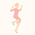 Single dancing blond woman in pink dress.