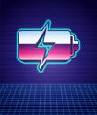 Retro style Battery icon isolated futuristic landscape background. Lightning bolt symbol. 80s fashion party. Vector Royalty Free Stock Photo