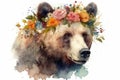 Retro style Bear Colorful spring flowers in front head