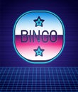 Retro style Bingo icon isolated futuristic landscape background. Lottery tickets for american bingo game. 80s fashion