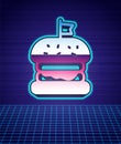 Retro style Burger icon isolated futuristic landscape background. Hamburger icon. Cheeseburger sandwich sign. Fast food