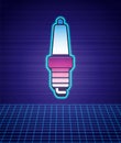 Retro style Car spark plug icon isolated futuristic landscape background. Car electric candle. 80s fashion party. Vector