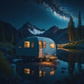 Retro Style Caravan Near Mountain Lake, Night With Stars, Traveling and Camping Concept Background, Generative AI Royalty Free Stock Photo