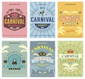 Retro style Carnival set of 6 colorful posters with masquerade masks, ferris wheel and more.