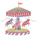 Retro style carousel, roundabout or merry-go-round with adorable horses isolated on white background. Amusement ride for