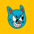 Retro style cartoon angry cat face. Groovy vintage 70s blue cat character angry muzzle.