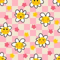 Retro style checkerboard naive daisy seamless pattern. Cute chamomile characters print for nursery and baby fashion. Royalty Free Stock Photo