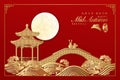 Retro style Chinese Mid Autumn festival pavilion bridge on the spiral wave cloud and cute rabbit lover enjoy the full moon.