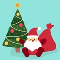 Retro style christmas card with cute santa and sack with gifts, christmas tree Royalty Free Stock Photo