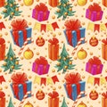 Retro style Christmas pattern. Winter endless background. colorful illustration can be used for print on paper and Royalty Free Stock Photo