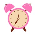 Retro style clock for waking up. Carton vintage timepiece with bells. Pink alarm clock flat vector illustration.