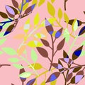 Colorful botanical seamless pattern Simple flat layered falling leaves on a light pink background Royalty Free Stock Photo