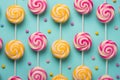 Retro style colorful round shape lollipop on bright background. Round spiral candy on stick Royalty Free Stock Photo