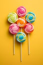 Retro style colorful round shape lollipop on bright background. Round spiral candy on stick Royalty Free Stock Photo