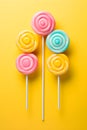 Retro style colorful round shape lollipop on bright background. Round spiral candy on stick Royalty Free Stock Photo