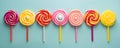 Retro style colorful round shape lollipop on bright background. Round spiral candy on stick Royalty Free Stock Photo