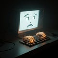Retro-style computer monitor displaying a pixelated sad face. Keyboard features Royalty Free Stock Photo