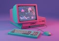 Retro-style computer setup features a CRT monitor, keyboard, and mouse in vibrant Royalty Free Stock Photo