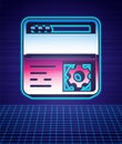 Retro style Debugging icon isolated futuristic landscape background. Debugging tool. Magnifying glass on bug programming Royalty Free Stock Photo
