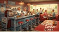 Retro-style diner interior featuring a classic American setting, with chrome stools and Royalty Free Stock Photo