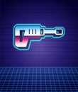 Retro style Electric rotary hammer drill machine icon isolated futuristic landscape background. Working tool for