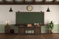 Retro style empty classroom with blackboard and desk teacher`s desk Royalty Free Stock Photo