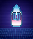 Retro style Essential oil bottle icon isolated futuristic landscape background. Organic aromatherapy essence. Skin care