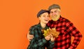 Retro style. Farmer family concept. Couple in love checkered rustic outfit. Cheerful smiling couple dating. Fall season Royalty Free Stock Photo