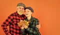 Retro style. Farmer family concept. Couple in love checkered rustic outfit. Cheerful smiling couple dating. Fall season Royalty Free Stock Photo