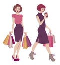 Retro style fashion illustration. Beautiful women with shopping bags in classic and elegant vintage dresses. Royalty Free Stock Photo