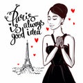 Retro elegant woman in love to Paris.Sketch illustration