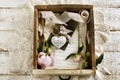 Retro style flat lay with peonies in vintage wooden drawer