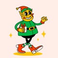 Retro style Funny cartoon christmas elf Groovy vintage 70s Elf character with gift box. Royalty Free Stock Photo