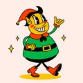 Retro style Funny cartoon christmas elf Groovy vintage 70s Elf character with gift box. Royalty Free Stock Photo