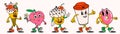 Retro style Funny cartoon food. Groovy vintage 70s coffee cup, donut, ice cream cone, peach and cupcake characters with