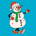 Retro style Funny cartoon snowman in Santa hat. Groovy vintage 70s snowman character with smile and thumbs up. Ideal for